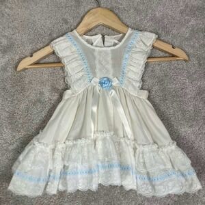 Vintage Mini World White Lace Ruffle Pinafore Dress Blue Ribbon 24 Month 70s 80s